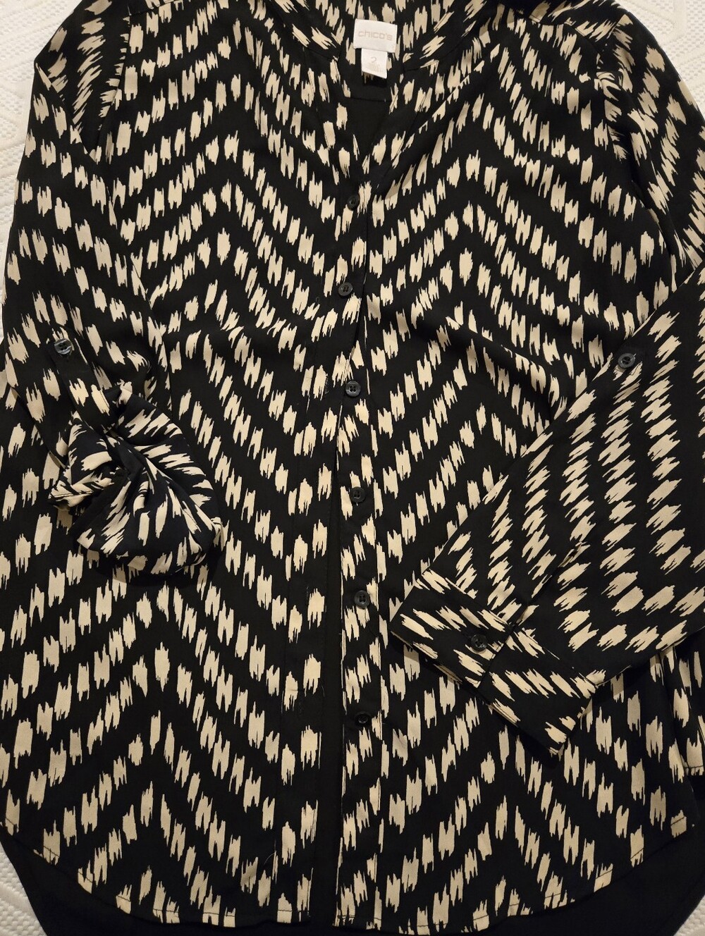 Chico's Black and Cream Chevron-Style Button Front Blouse